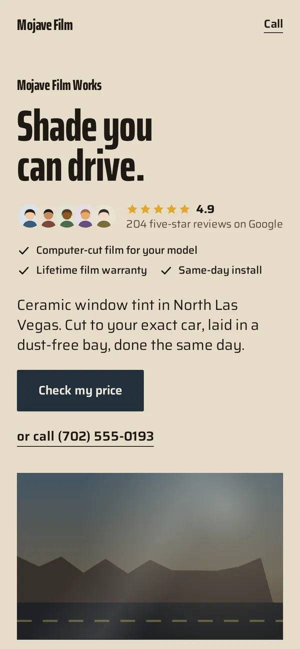 Phone screen of the Mojave Film Works sample site on sand-colored paper: the line Shade you can drive, a star rating and a dark Check my price button.