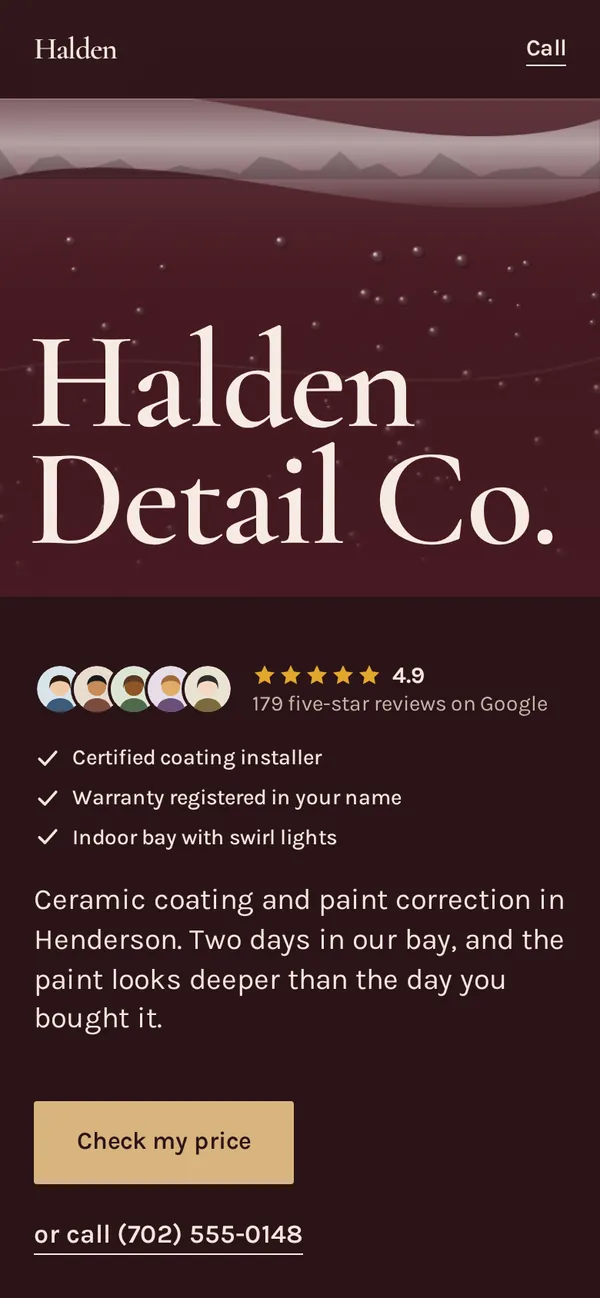 Phone screen of the Halden Detail Co. sample site: a dark oxblood page with the name in a serif over beaded paint and a champagne Check my price button.