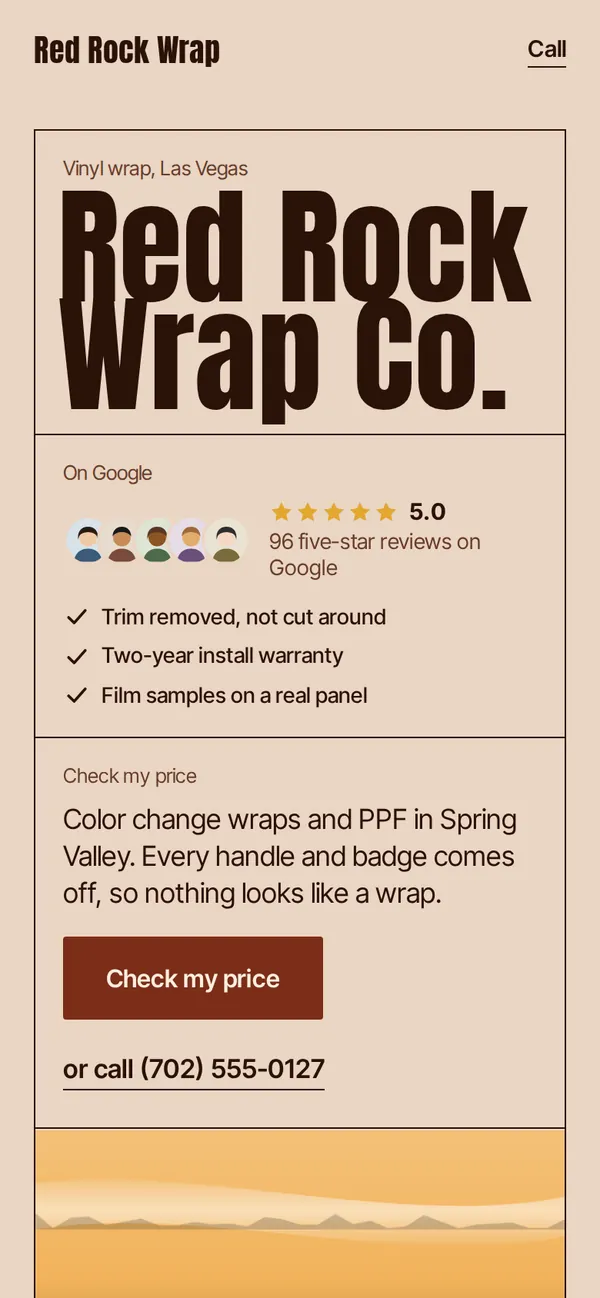 Phone screen of the Red Rock Wrap Co. sample site: a ruled spec sheet in sandstone colors with a tall poster-style name and a red Check my price button.